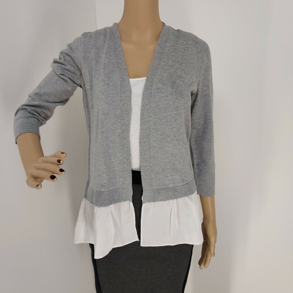 NWOT LOFT Gray/Off White Satin Trim Open Front Cardigan, Size Small
